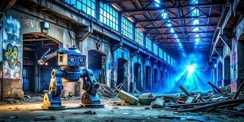 Poster - Urban Exploration Photography of a Robot Engaged in Task on a Vibrant Blue Object Amidst a Futuristic Industrial Setting
