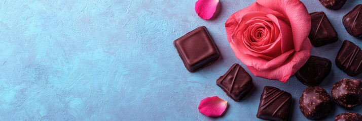 Canvas Print - beautiful pink rose surrounded by assorted dark chocolates and rose petals on blue textured background creates romantic and inviting atmosphere