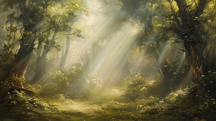 Wall Mural - an enchanting landscape painting portraying a misty forest shrouded in fog, with sunlight filtering 