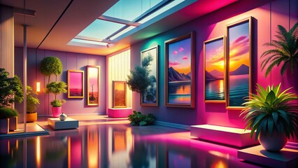 Poster - Vibrant 3D Gallery Showcasing Colorful Frames and Modern Architecture in a Dreamy Pink Setting, Perfect for Contemporary Art Enthusiasts and Design Lovers