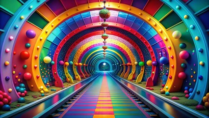 Poster - Vibrant 3D Render of a Multicolored Cartoon Tunnel Perfect for Fashion Photography Concepts and Creative Visuals in Modern Advertising Campaigns