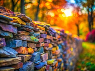 Poster - Vibrant and Colorful Dry Stone Wall with Bokeh Effect, Showcasing Textures and Natural Beauty, Perfect for Nature Lovers and Landscape Photography Enthusiasts