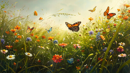 Wall Mural - an enchanting landscape painting of a sunlit meadow filled with vibrant wildflowers, with butterflie
