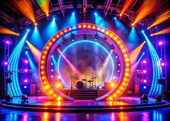Poster - Vibrant Blue and Neon Stage Design with Large Central Circle for Concerts and Events, Perfect for Music Festivals, Performances, and Creative Backgrounds