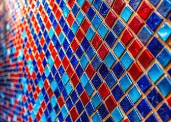 Poster - Vibrant Blue and Red Slanted Tile Mosaic Background for Creative Designs and Modern Art Projects with Vivid Color Contrast and Intriguing Patterns
