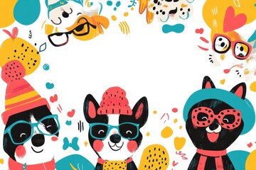 Poster - Fun doodle illustrations feature three adorable dogs with glasses and hats in a vibrant border filled with playful shapes and colors. Generative AI