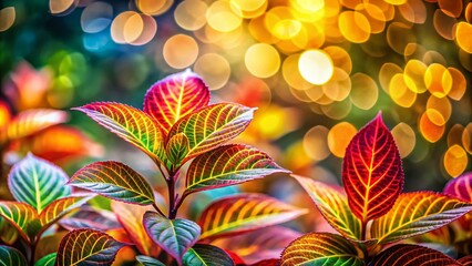Poster - Vibrant Colorful Leaf Patterns with Bokeh Effect Enhancing Natural Beauty in Soft Focus for Stunning Visual Appeal in Photography and Decor
