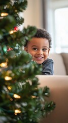 Wall Mural - Joyful innocence shines through as a young child peeks from behind a festively decorated Christmas tree, their bright smile capturing the magic of the holiday season.