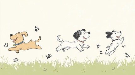 Poster - Three doodle-style dogs joyfully run across a soft grassy area, leaving paw prints behind as they frolic in the serene outdoor space. Generative AI