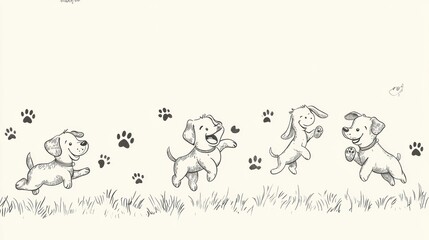 Poster - Three cheerful dogs are seen joyfully running and playing in grassy areas, accompanied by scattered paw prints reflecting their excitement. Generative AI