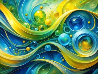 Poster - Vibrant Flow: Abstract Artwork Featuring Intertwining Shapes in Blue, Yellow, and Green, Enhanced with Circular Accents to Convey Dynamic Movement and Energy