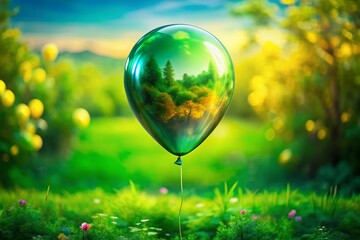 Poster - Vibrant Green Balloon Floating Against a Colorful Abstract Background in Minimalist Design, Captured in Stunning Double Exposure Photography for Creative Concepts