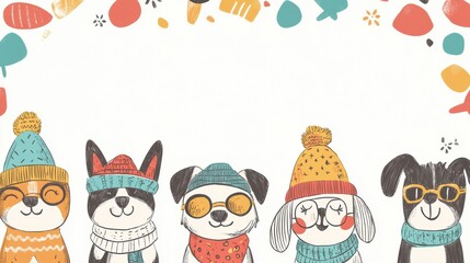 Poster - Five whimsical dogs with unique hats showcase their vibrant personalities in a lighthearted, playful doodle illustration. Generative AI