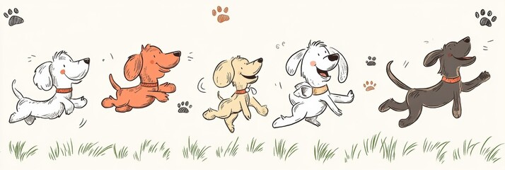 Poster - Five doodle illustrations depict dogs of different colors happily running across a grassy area, radiating joy and energy. Generative AI