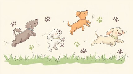 Poster - Cute doodle drawings feature four joyful dogs leaping in a grassy area, surrounded by playful paw prints. A delightful outdoor moment captured. Generative AI