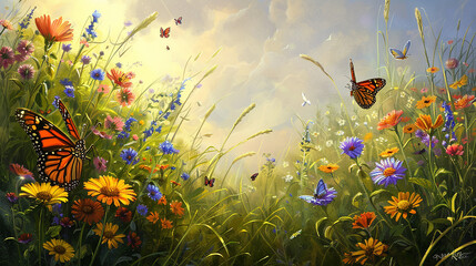 Wall Mural - an enchanting landscape painting of a sunlit meadow filled with vibrant wildflowers, with butterflie