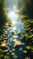 Freshwater river with aquatic plants and sunlight, aquatic, outdoors, algae