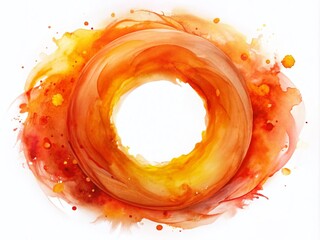 Poster - Vibrant Orange Watercolor Circle on White Background with Fiery Stains in Shades of Red and Yellow for Artistic and Creative Designs
