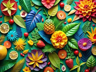 Poster - Vibrant Paper Arts Collage Featuring Colorful Tropical Leaves and Flowers in a Modern Abstract Design for Eye-Catching Food Photography Backgrounds