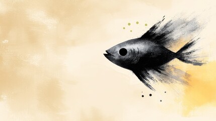 Wall Mural - A black and white drawing of a fish on a yellow background