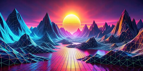 Poster - Vibrant Wireframe 3D Landscape of Mountains with a Digital Retro Aesthetic, Showcasing Cyber Surfaces in an Artistic Vector Illustration Style for Fashion Photography