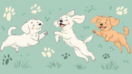 Poster - Three cheerful dogs, one white and fluffy, one brown, and one golden, leap and bound across lush green grass while playfully interacting. Generative AI