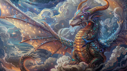 Wall Mural - an enchanting miniature painting of a mythical creature, with scales, wings, and horns rendered in e