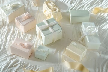 Poster - Beautifully designed gift boxes in soft pastel colors with elegant ribbons, creating a charming display perfect for celebrations and gifting. Generative AI