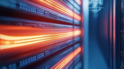 Poster - Detailed View of Glowing Network System Installation with Vibrant Cables and Lights in a Server Room