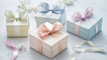 Aufkleber - Elegant handcrafted gift boxes adorned with pastel ribbons are arranged beautifully, perfect for any celebration or gifting moment. Generative AI