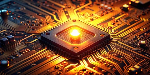 Poster - Vintage Style Close-Up of a Circuit Board Center Illuminated by an Orange Power Light, Capturing Intricate Details in a Retro Aesthetic