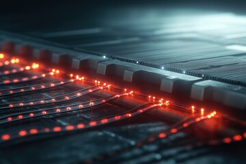 Poster - Futuristic Rack Server with Glowing Fiber Optic Cables and Sleek Design in a Dark Environment