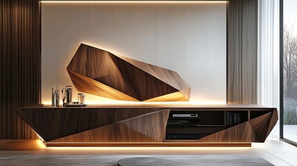 Wall Mural - Modern geometric wooden media console with integrated lighting.