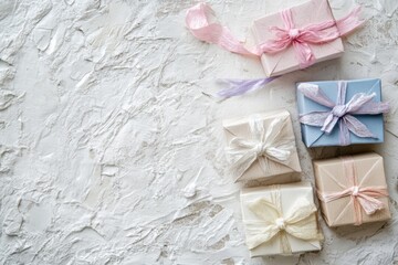 Poster - Delicate handcrafted gift boxes adorned with pastel ribbons are beautifully arranged on a textured surface, enhancing their charm and elegance. Generative AI