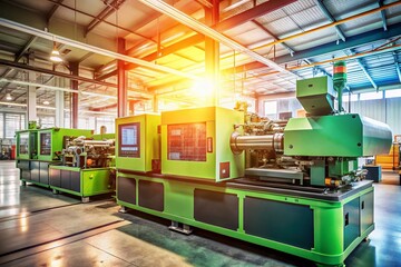 Poster - Vintage Style Photography of a High-Tech Injection Molding Machine Creating Precise Plastic Components with Modern Engineering Techniques and Retro Aesthetic Charm