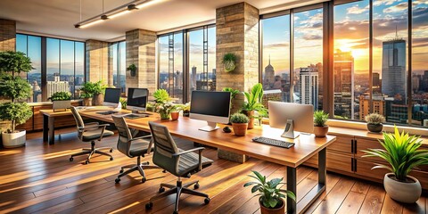 Poster - Vintage Style Photography of a Modern Office Featuring Multiple Monitors Overlooking a City Skyline, Blending Classic Aesthetics with Contemporary Workspaces