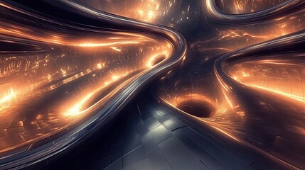 Poster - Abstract Metallic Structure with Glowing Lines and a Central Void