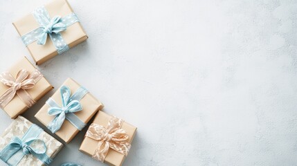 Poster - Handcrafted paper gift boxes adorned with pastel ribbons are beautifully arranged on a soft surface, perfect for gifting at events or celebrations. Generative AI