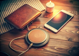 Poster - Vintage Style Photography of a Variant Wireless Charging Pad Illustrating Electric Fields Transferring Energy in a Retro Environment with Warm Tones and Subtle Lighting Effects