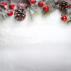 Wall Mural - red christmas balls with spruce branches and pine cones covered with snow and snowfall on white wood