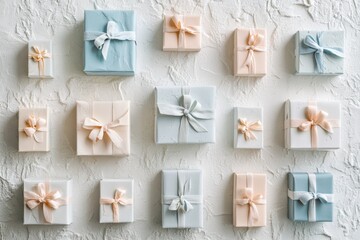 Aufkleber - Elegant handcrafted paper gift boxes in soft pastels are beautifully arranged with coordinating ribbons on a textured white surface. Generative AI