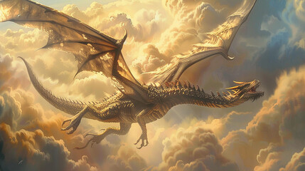 Wall Mural - an enchanting miniature painting of a majestic dragon soaring through the clouds, its scales gleamin