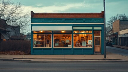 Teal storefront at dusk.