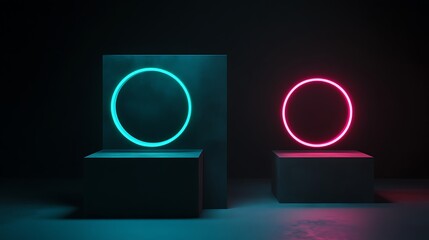 Poster - Two illuminated circular shapes on pedestals against a dark background.
