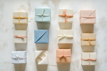 Poster - Handcrafted gift boxes display a variety of pastel ribbons, perfect for weddings, parties, or any celebratory events, adding charm and elegance. Generative AI