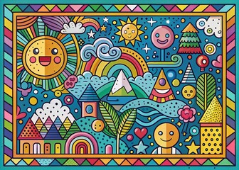 Poster - Vivid 90s Doodle Landscape with Geometric Scribbles and Kidcore Aesthetic in a Square Frame for Nostalgic Vibes