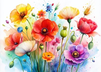 Poster - Watercolor Minimalist Composition Featuring Hand-Drawn Colorful Poppy Flowers Isolated on White Background for Elegant Home Decor and Artistic Displays