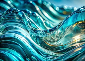 Poster - Wavy Glass with Light Blue Tint Showcasing Soft Textures and Fluid Reflections in Macro Photography for Artistic and Abstract Themes