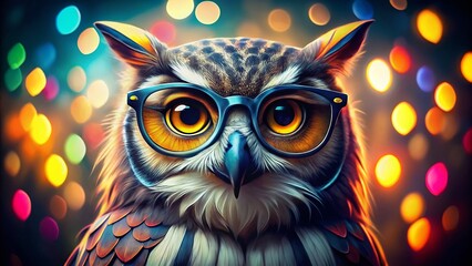 Poster - Whimsical Owl with Eyeglasses Against a Bokeh Background for a Modern Optic Logo Design Featuring Playful Colors and Unique Shapes