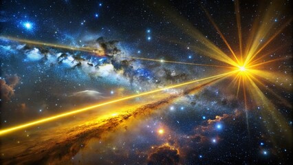 Poster - Wide Angle Panoramic View of Yellow Laser Light Beam Illuminating Dark Space in the Cosmos - Abstract Architectural Photography of Universal Landscapes